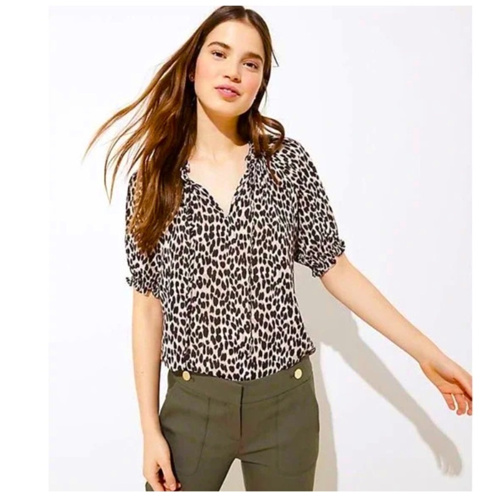 Loft Leopard Print Ruffle Tie Neck Top